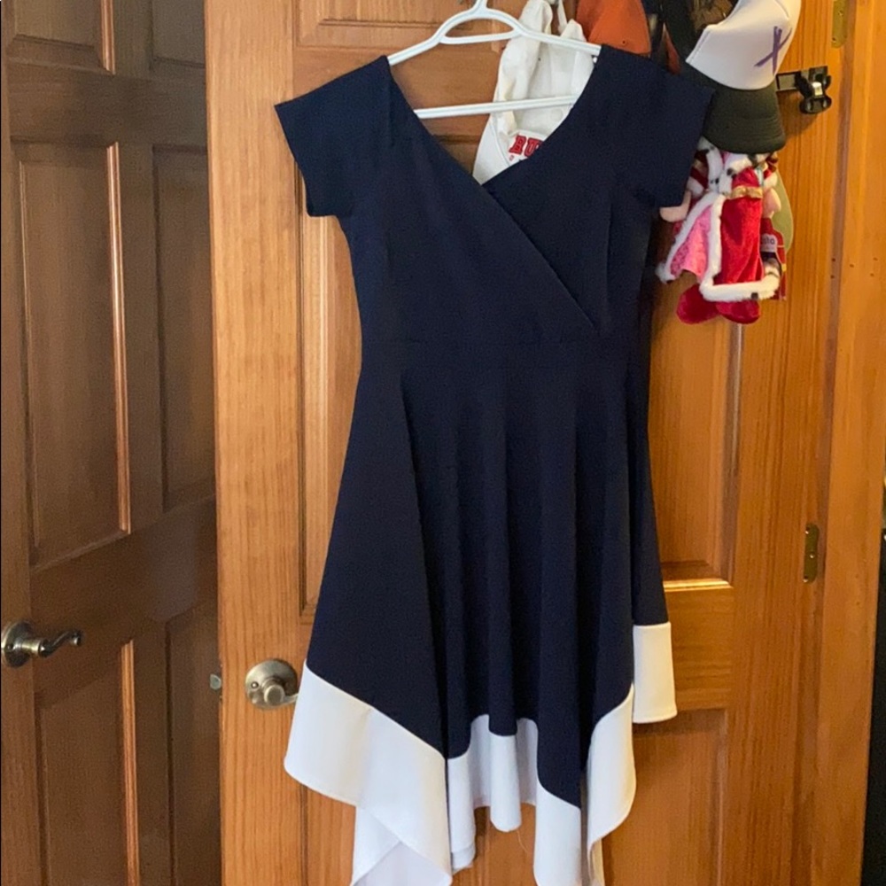 Navy blue and white midi dress